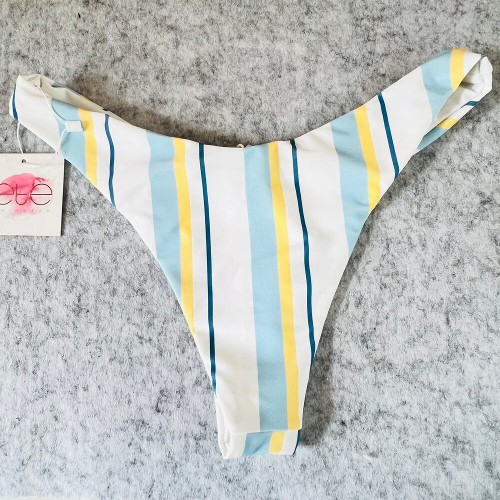 ETE NWT 'Capri' Cheeky Swim Bottoms XS Blue & Yellow on White Striped Beach Pool